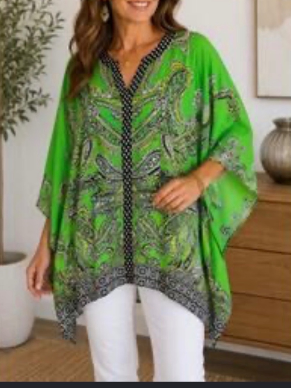 Susan Graver Weekend Essentials Green Liquid Knit Kaftan Paisley Top Plus Sz. 2X